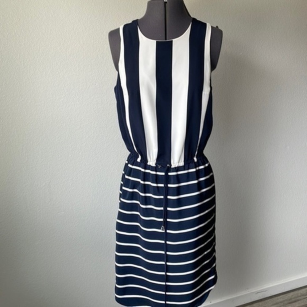 Vince Camuto dress navy blue and ivory striped dress
